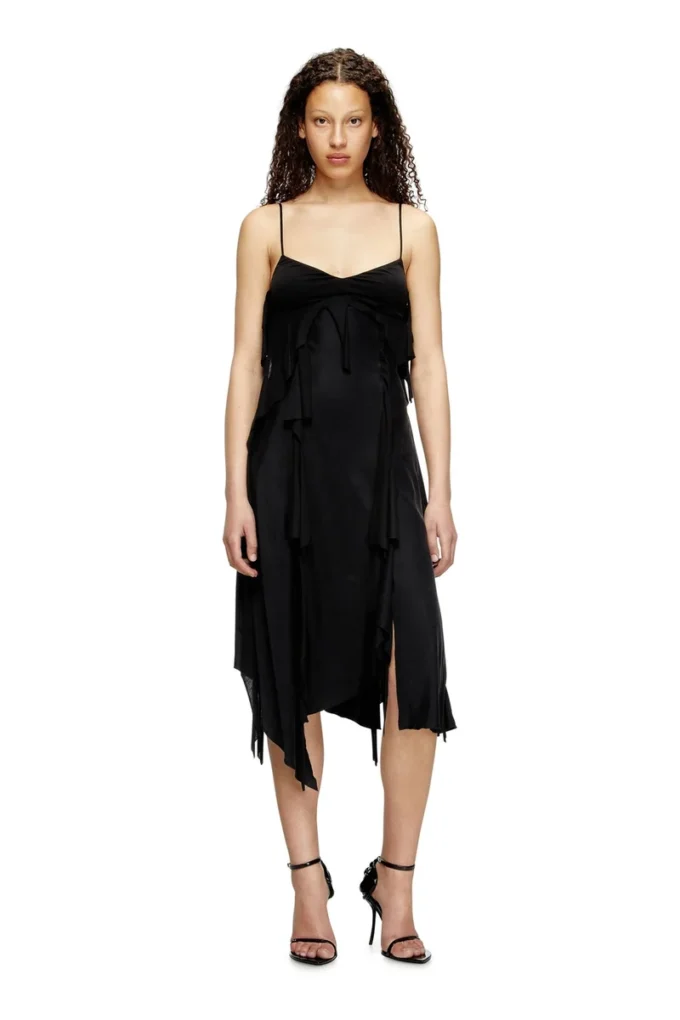 d-ancer Satin dress with raw-cut flounces