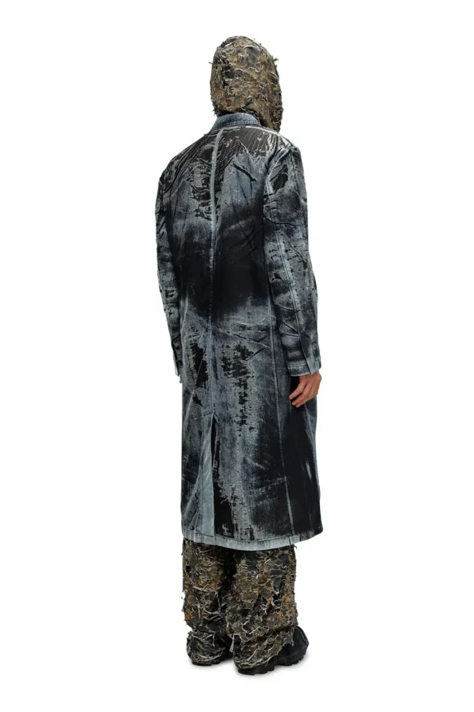 d-bla-long-dev-fse Coat in pinstriped devoré denim