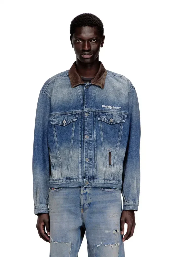 d-denver-s1 Denim trucker jacket with contrast leather trims