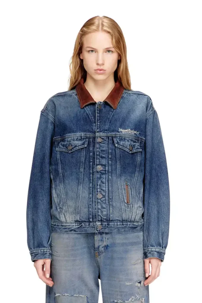 d-denver-s1 Denim trucker jacket with contrast leather trims