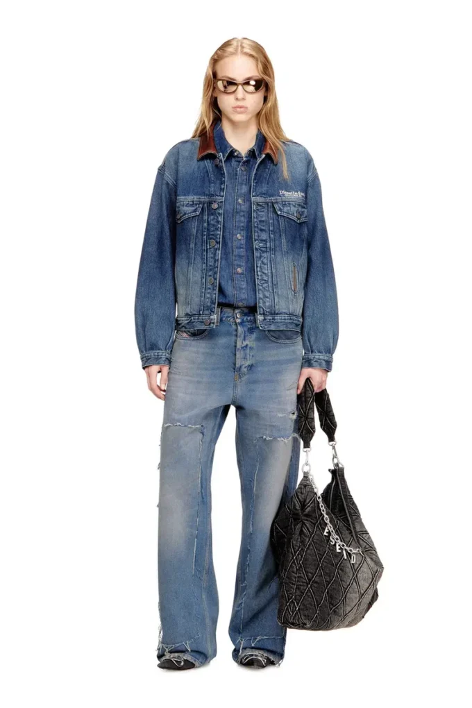d-denver-s1 Denim trucker jacket with contrast leather trims