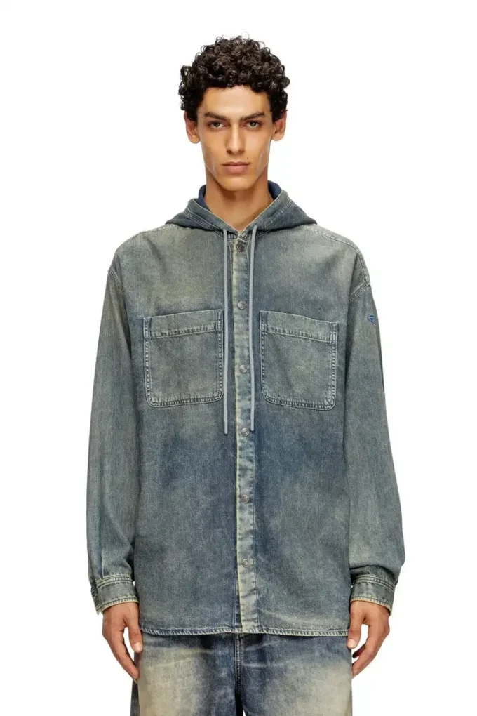 d-dewny-hood-s2 Overshirt in marbled coated denim
