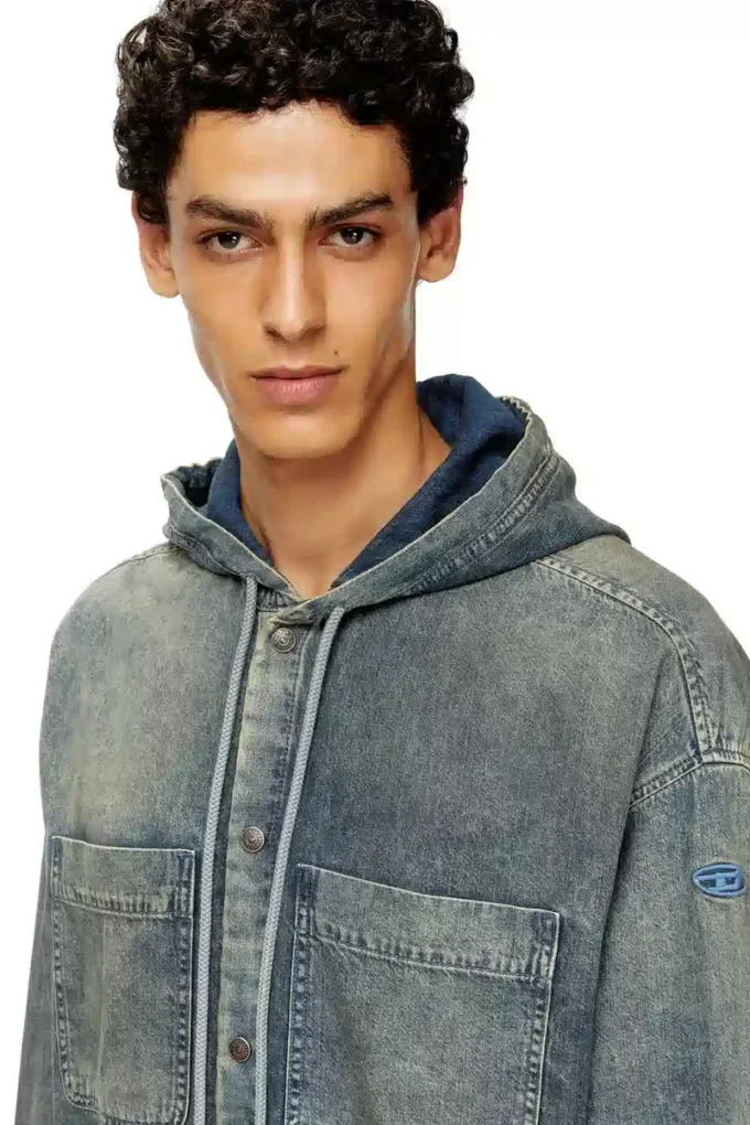 d-dewny-hood-s2 Overshirt in marbled coated denim