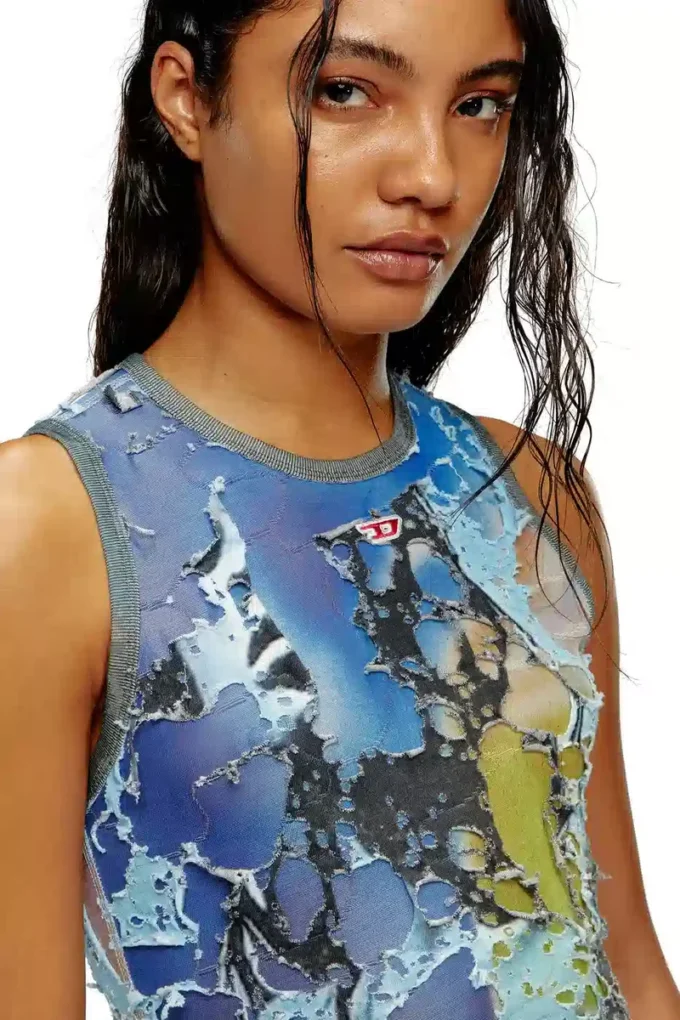 d-leele Destroyed jersey gown with poster print