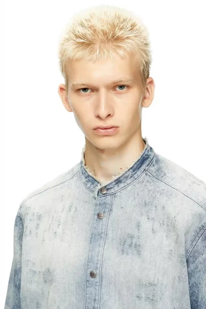 d-simp-fsh Shirt in distressed honeycomb denim