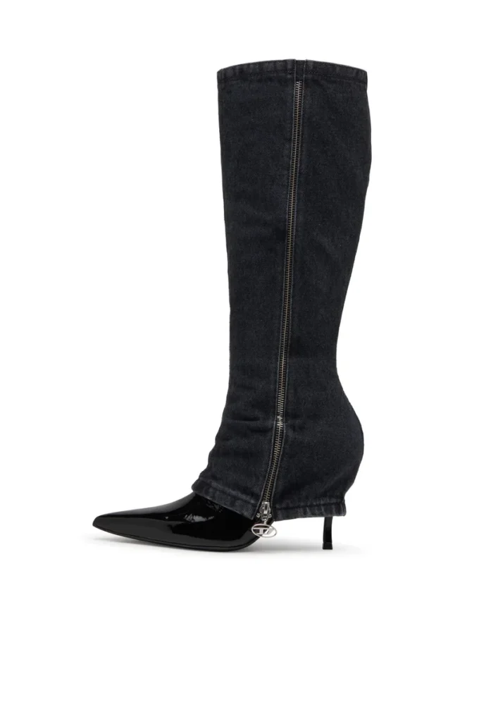 d-venus twisted boot D-Venus-Stiletto knee boots with jean trompe l’oeil