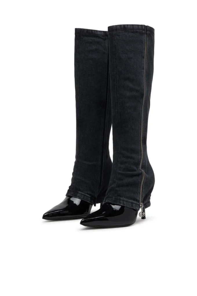 d-venus twisted boot D-Venus-Stiletto knee boots with jean trompe l’oeil