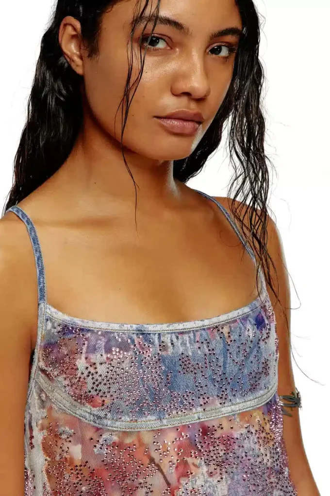 de-held-short-fse Strappy midi dress in sequin denim