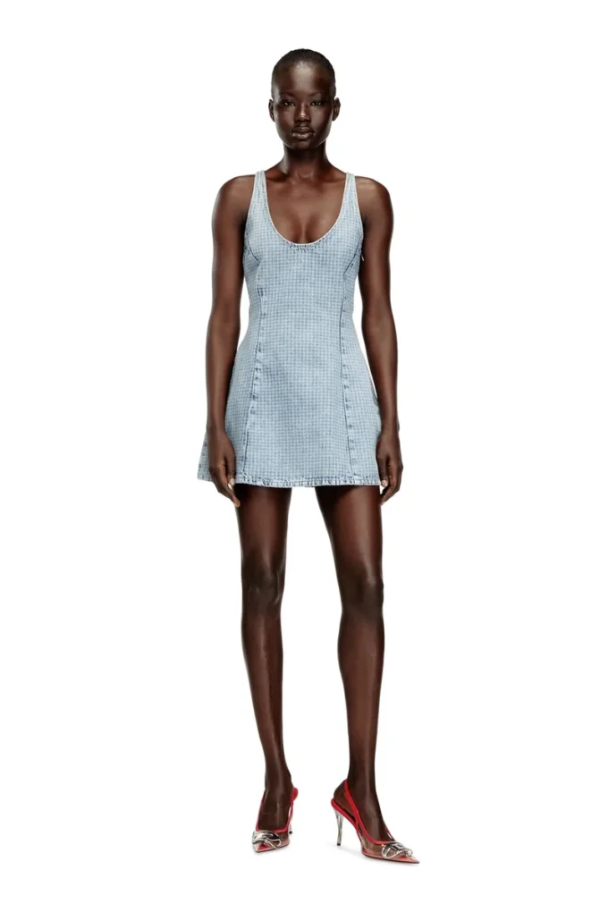 de-sweeney-s1 Short dress in houndstooth denim with crystals