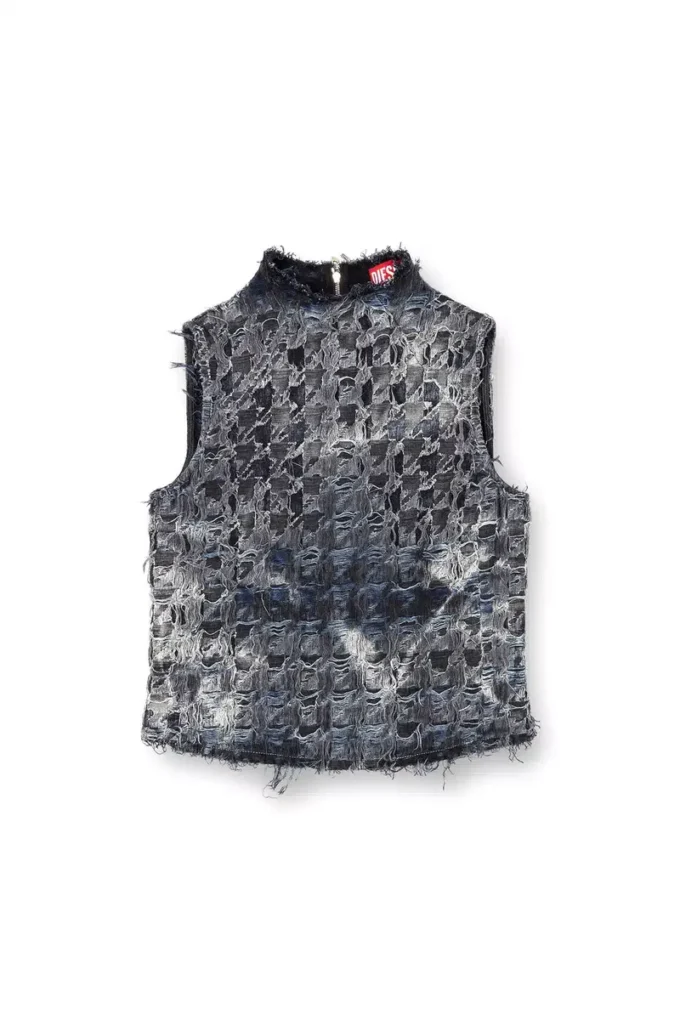de-tapi-fsh1 Sleeveless top in houndstooth tie-dye denim
