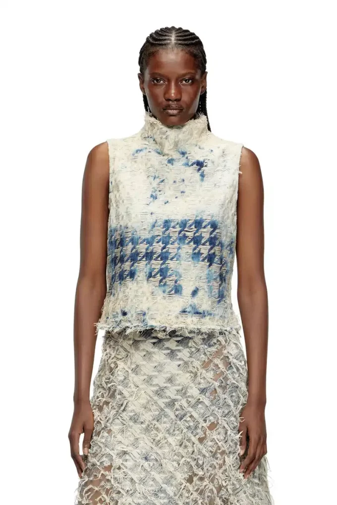de-tapi-fsh2 Sleeveless top in houndstooth-weave denim