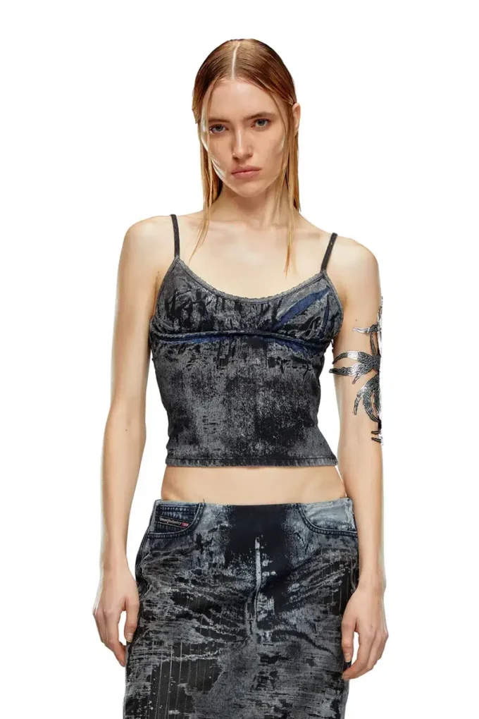 de-verni-fse Top in pinstriped devoré denim