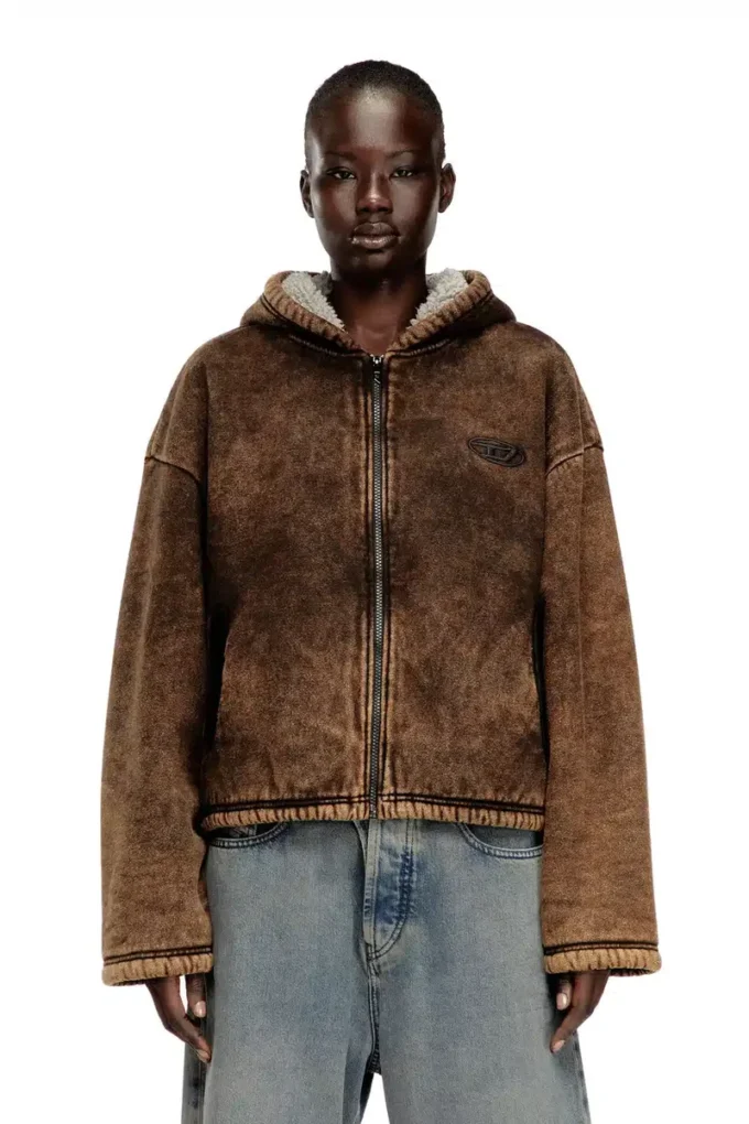 f-ella Acid-wash zip-up hoodie with teddy lining