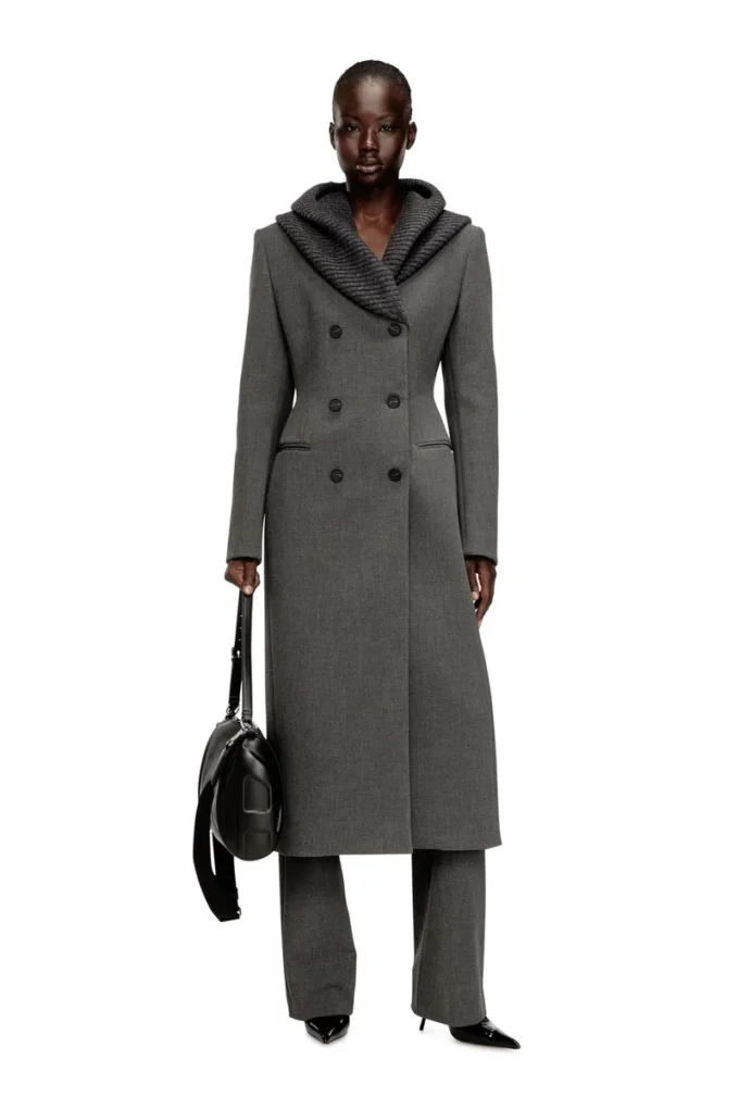 g-olden-long Long hourglass coat with knitted cowl hood