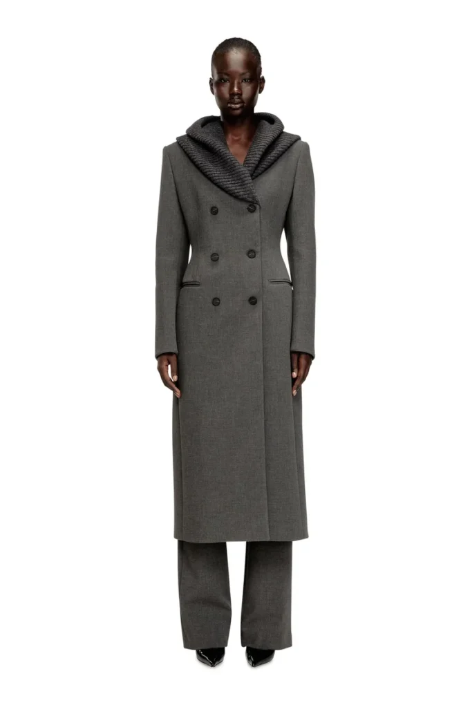 g-olden-long Long hourglass coat with knitted cowl hood