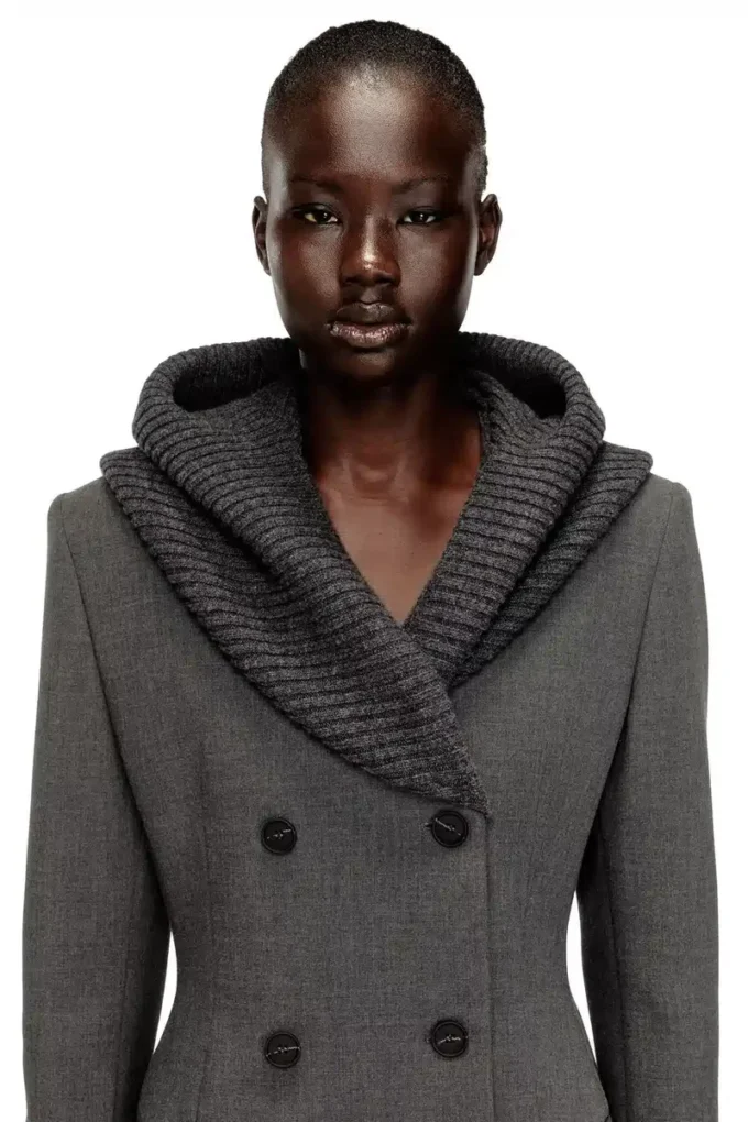 g-olden-long Long hourglass coat with knitted cowl hood