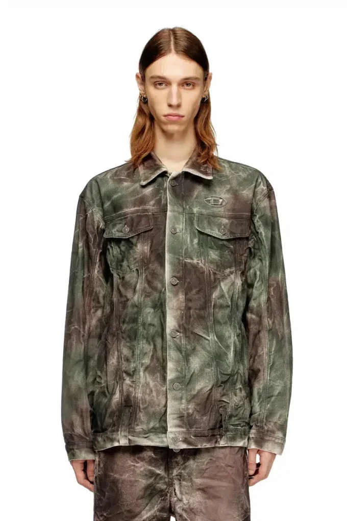 j-thug-jkt Trucker jacket in crinkled camo canvas