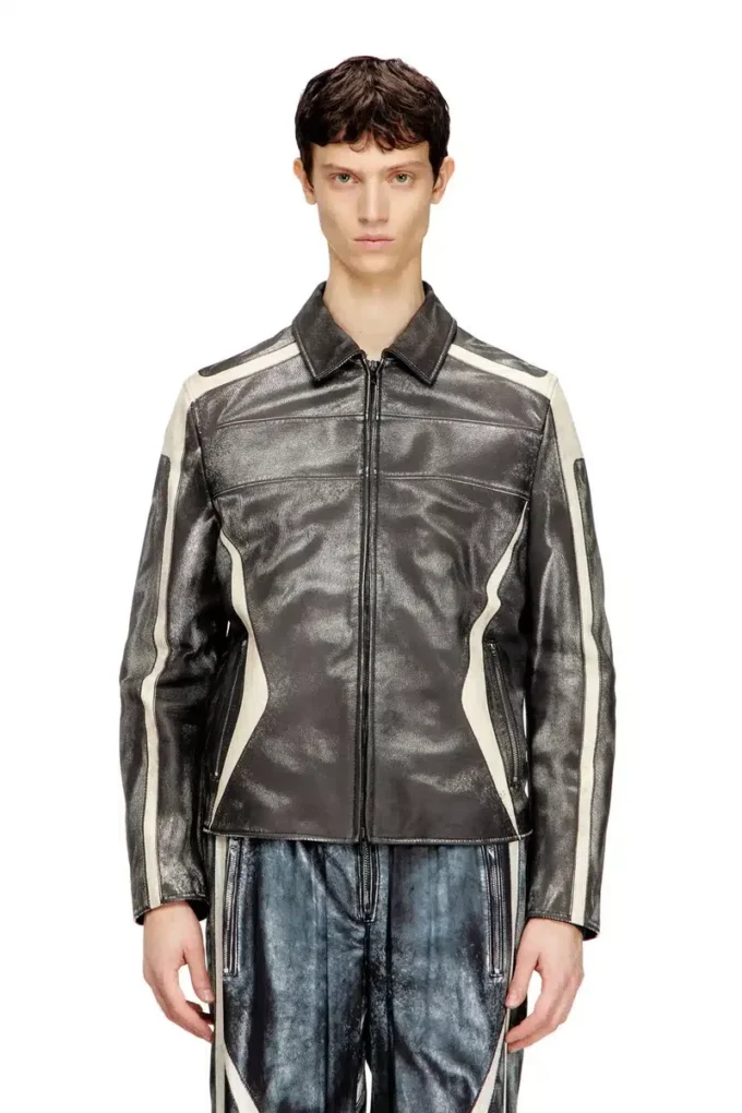 l-amar-enbi Leather coach jacket with biker print