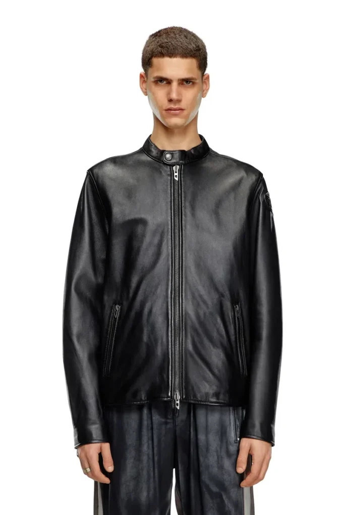l-carver Leather biker jacket with embossed logo