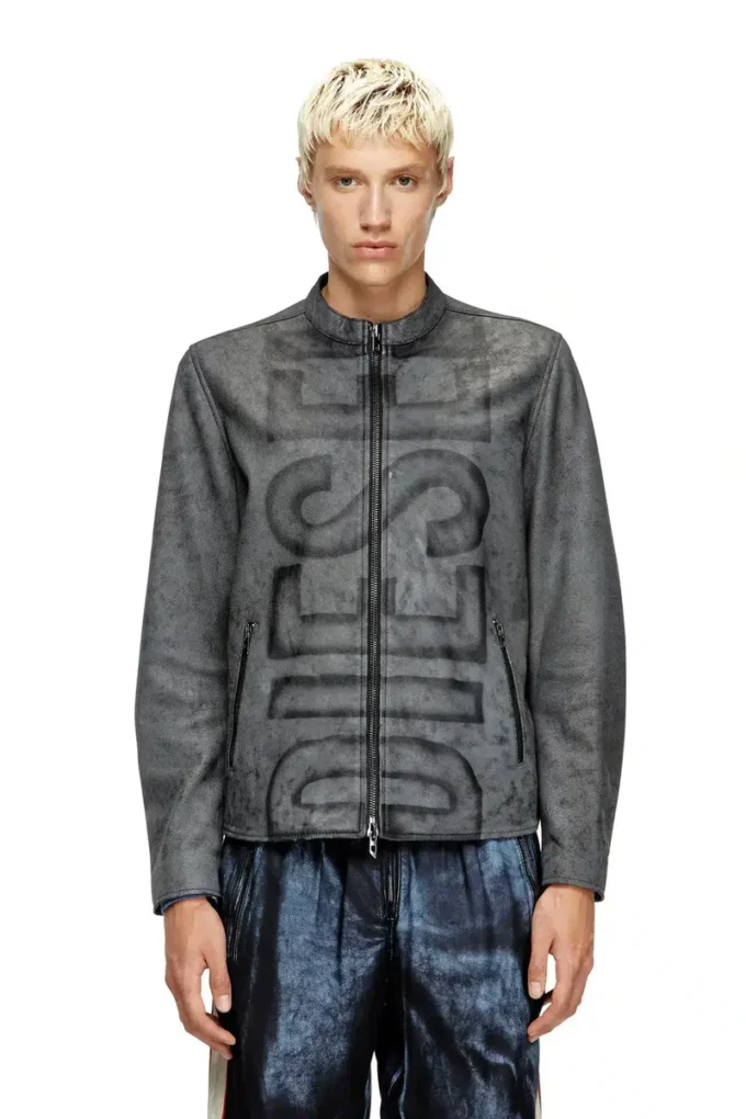 l-evert-a Treated leather biker jacket with faded logo l-evert-a Treated leather biker jacket with faded logo