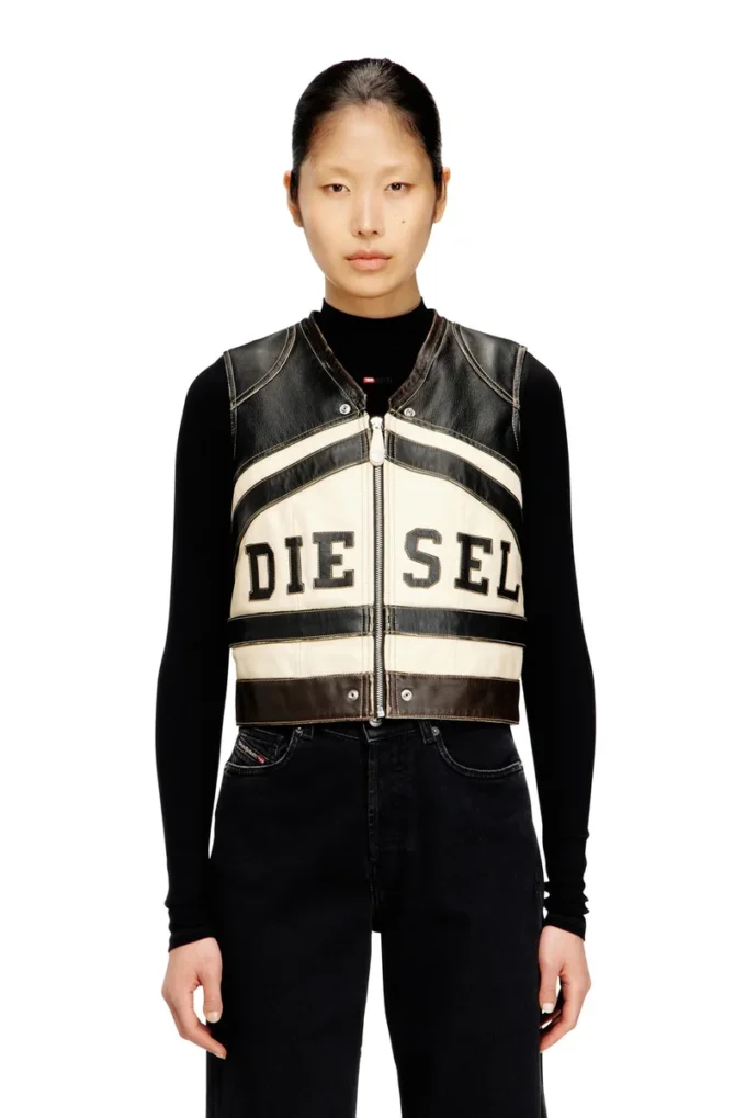 l-flycou-20th Leather vest with front logo and contrast stripes