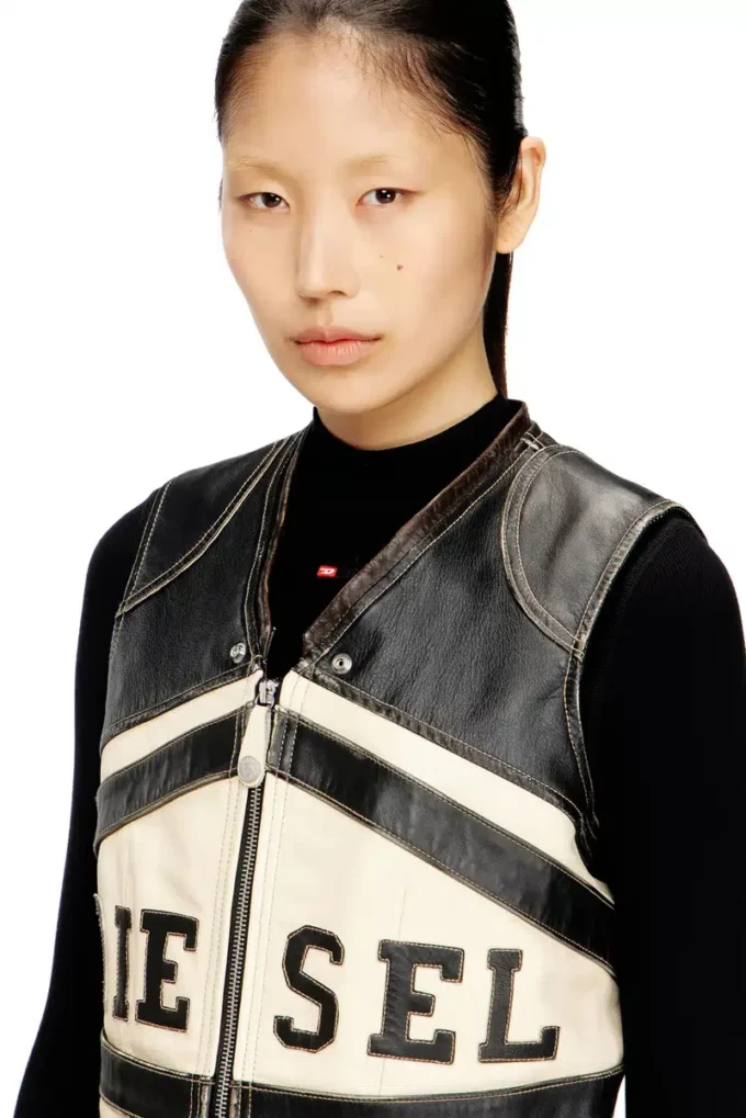 l-flycou-20th Leather vest with front logo and contrast stripes
