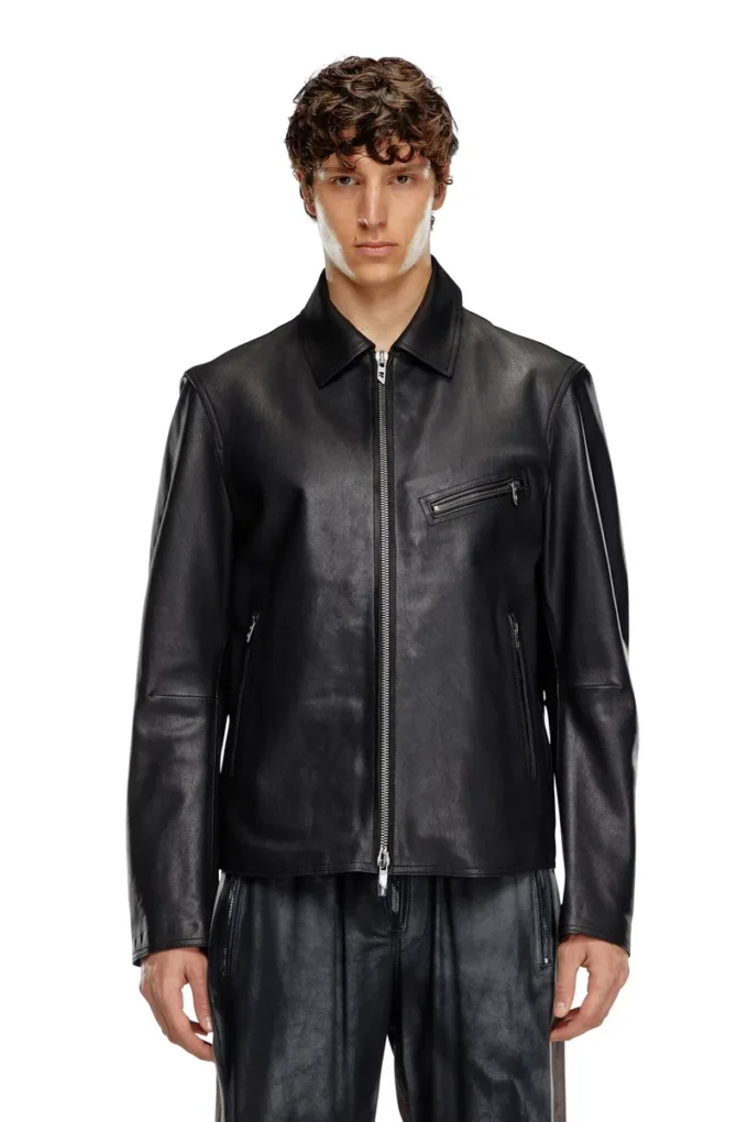l-korn-a Leather jacket with embossed Oval D