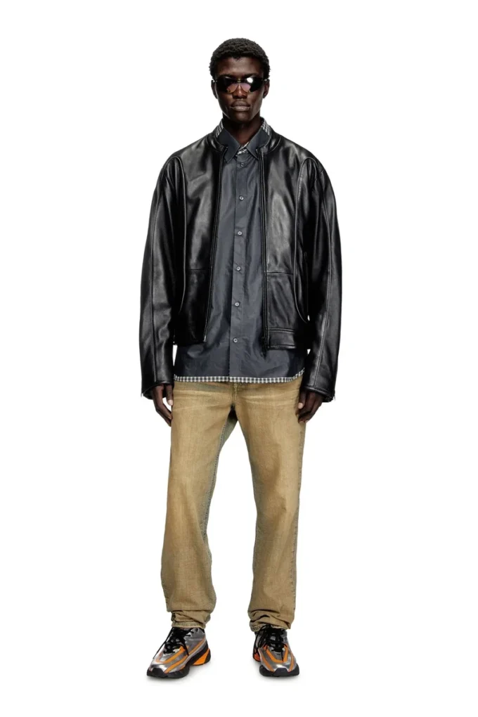 l-krixy Leather biker jacket with piping detail