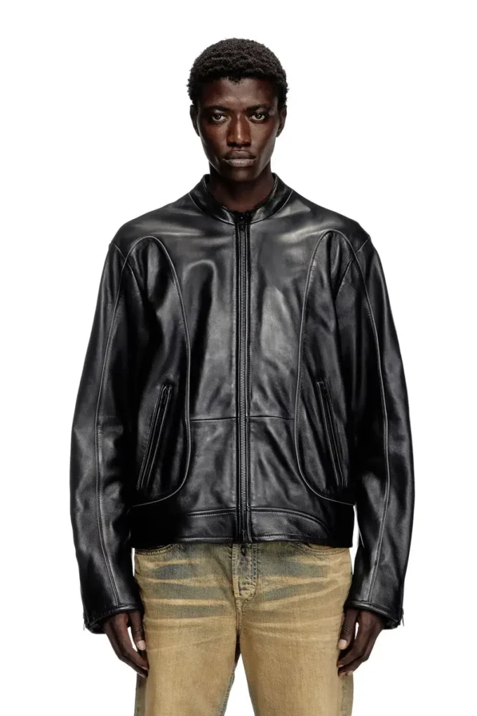 l-krixy Leather biker jacket with piping detail