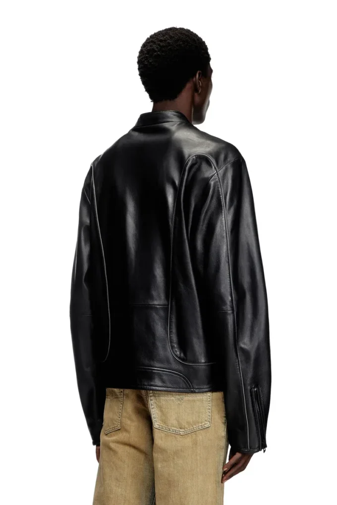 l-krixy Leather biker jacket with piping detail