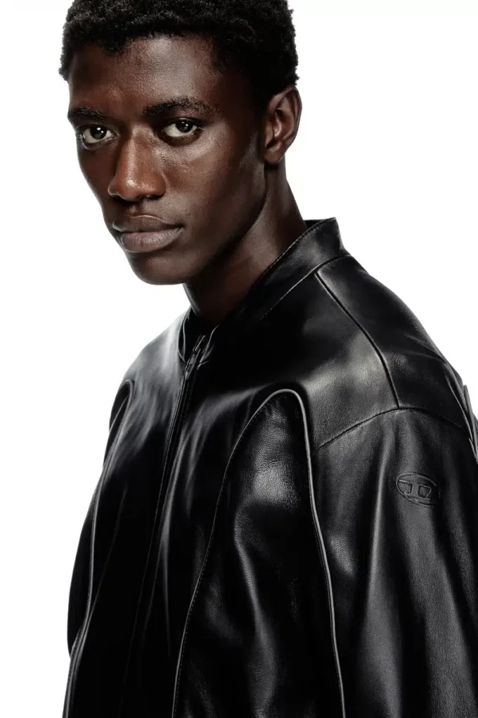 l-krixy Leather biker jacket with piping detail