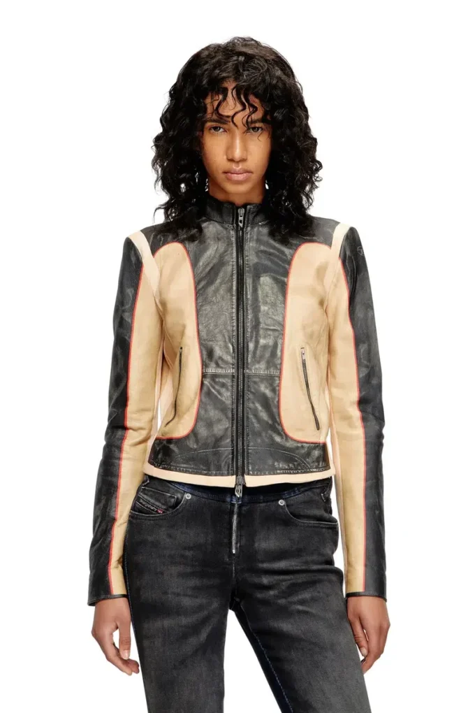 l-oonie Trompe l’oeil-effect leather biker jacket