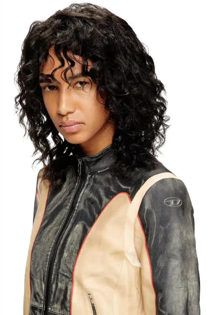 l-oonie Trompe l’oeil-effect leather biker jacket