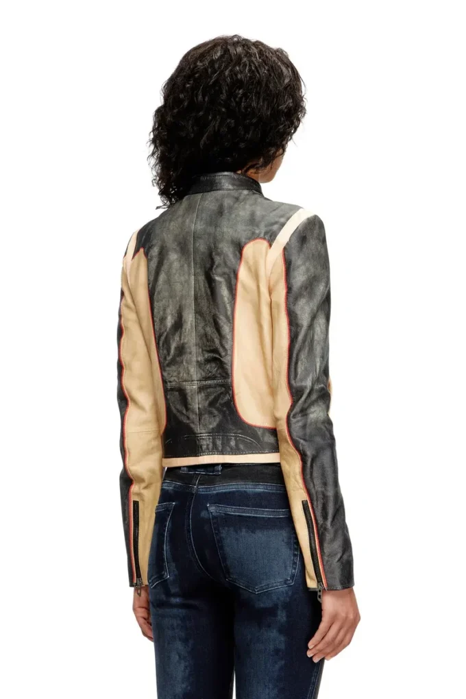 l-oonie Trompe l’oeil-effect leather biker jacket