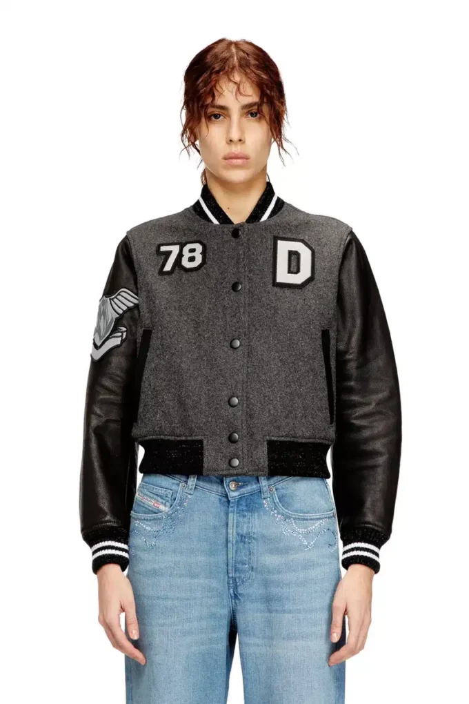 l-real-cp Cropped varsity jacket in wool and leather