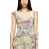 m-fiore Ruffle-shoulder knit top with medieval print