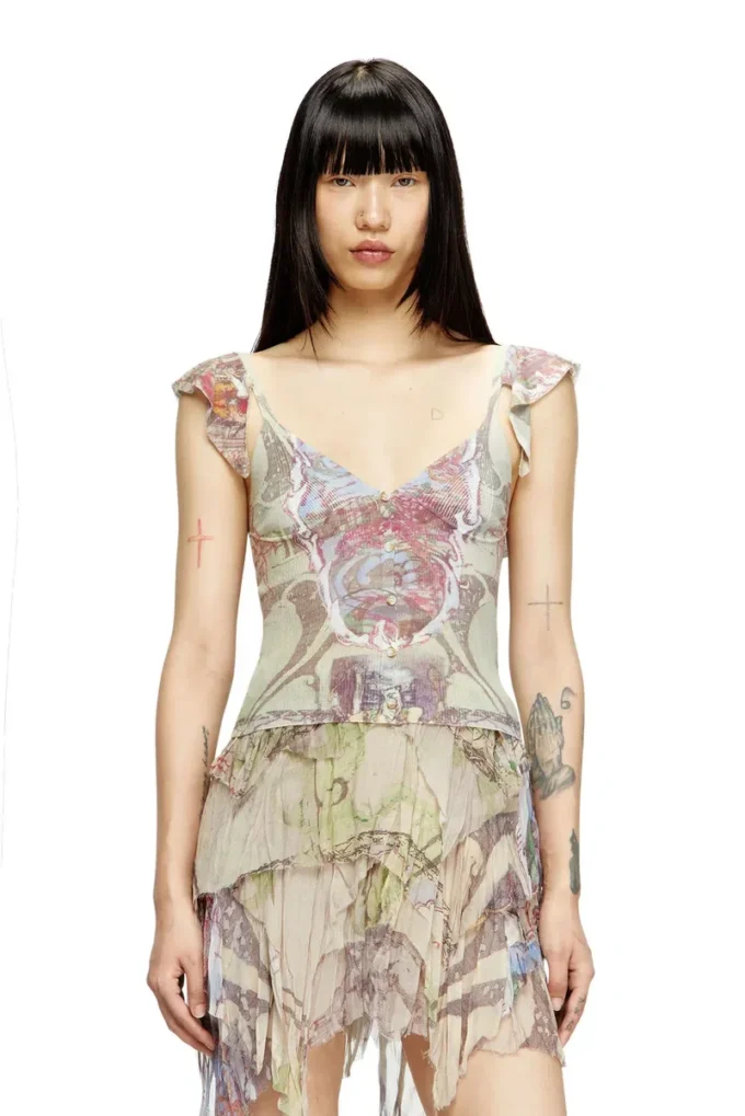 m-fiore Ruffle-shoulder knit top with medieval print