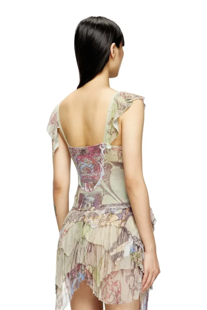 m-fiore Ruffle-shoulder knit top with medieval print