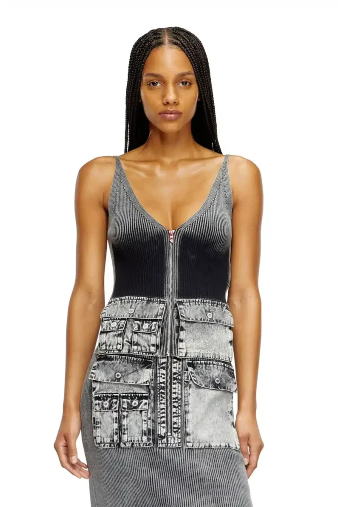m-melly Knit tank top with denim cargo pockets