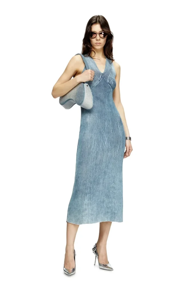 m-milong Denim-yarn midi dress with shiny effect