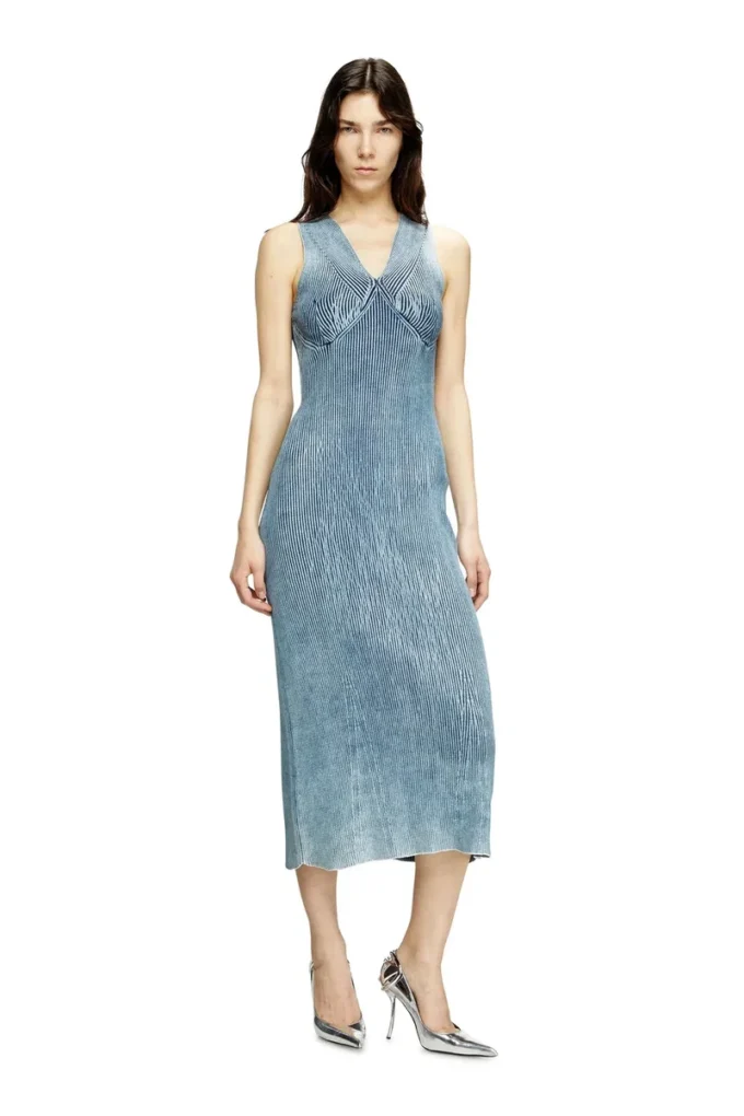 m-milong Denim-yarn midi dress with shiny effect
