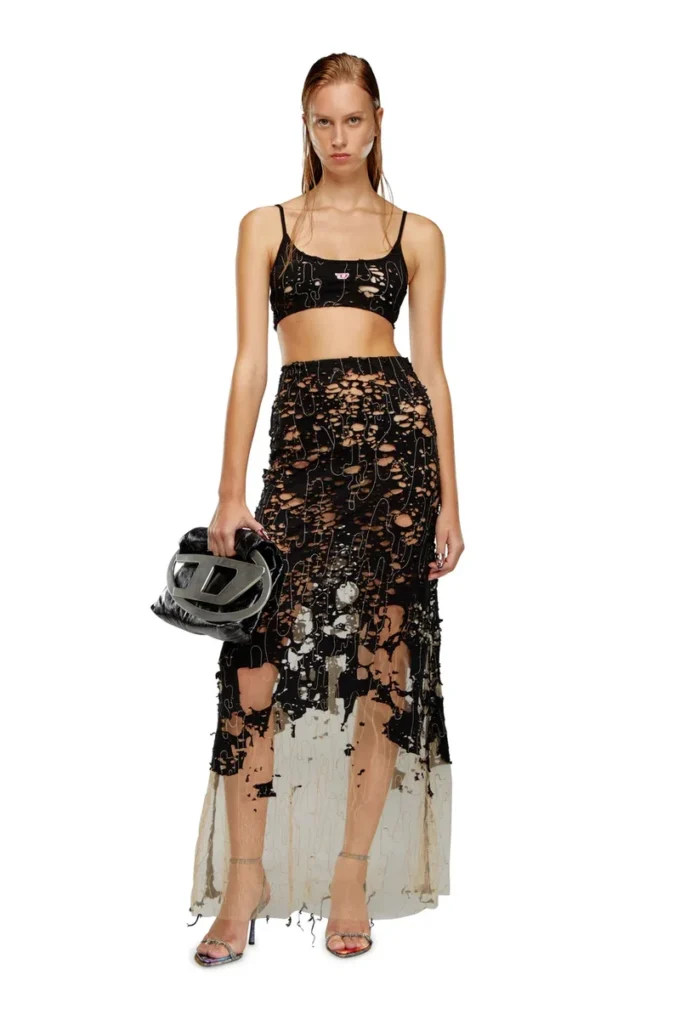 o-leena Long devoré skirt in tulle and jersey