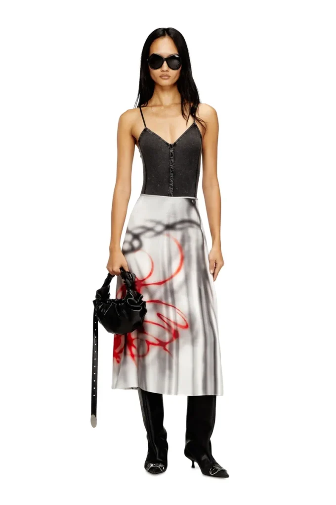 o-rchid-s1 Satin midi skirt with graffiti print
