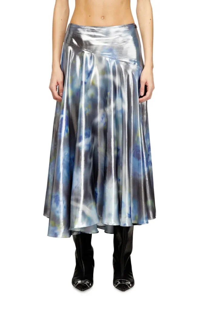 o-zulie-s2 Metallic midi skirt with blurred rose print