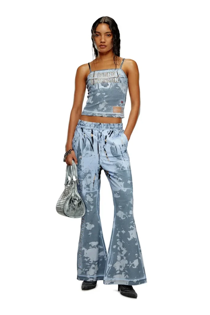 p-belb-p1 Flared track pants in coated jersey