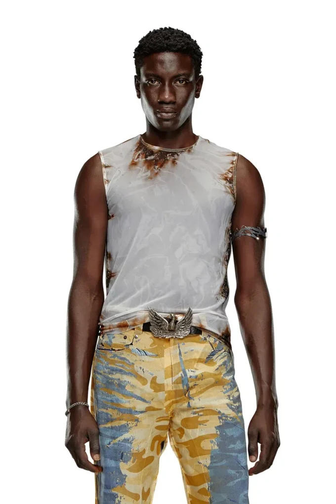 t-bisco-burn-art Tulle top with burning plastic print