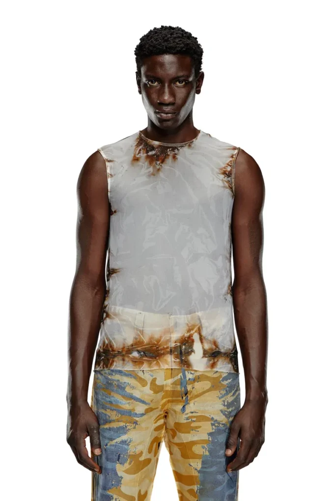 t-bisco-burn-art Tulle top with burning plastic print