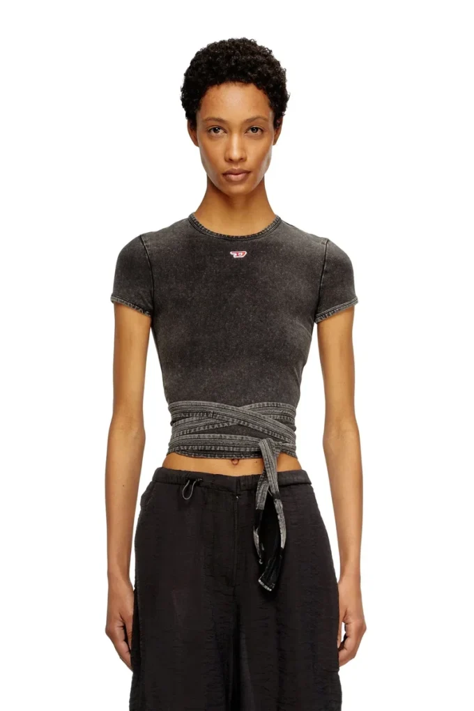 t-bunny-tail-r1 Denim-look T-shirt with wrap ties