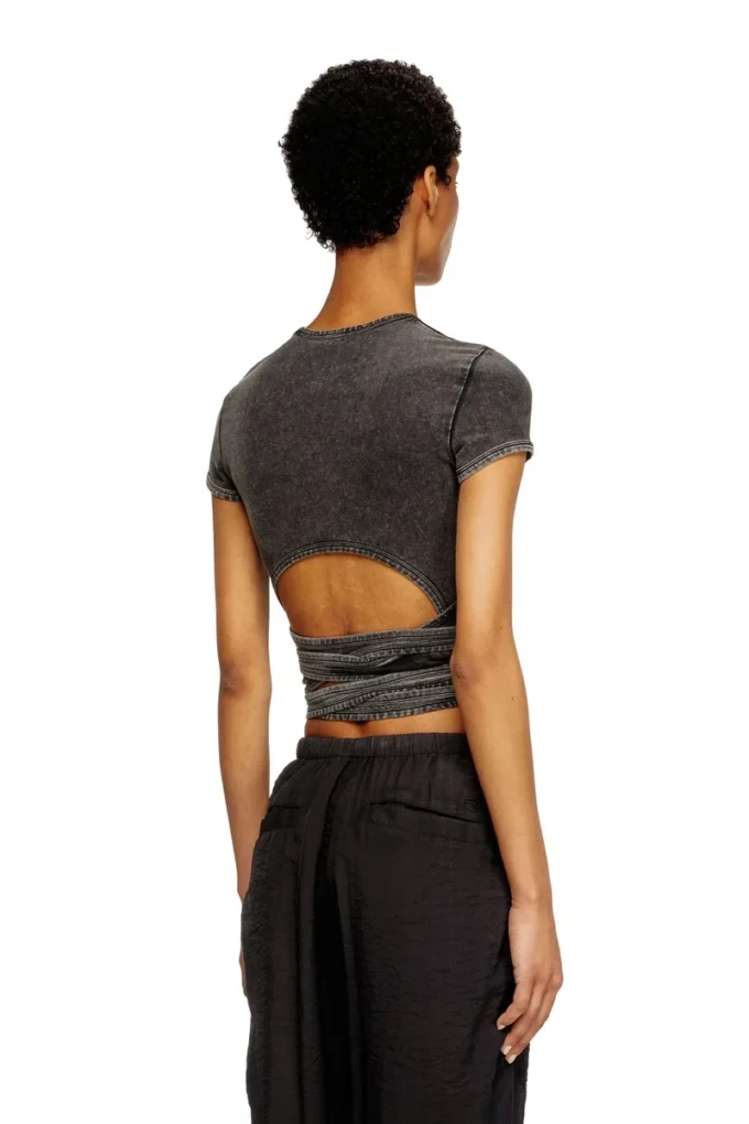 t-bunny-tail-r1 Denim-look T-shirt with wrap ties