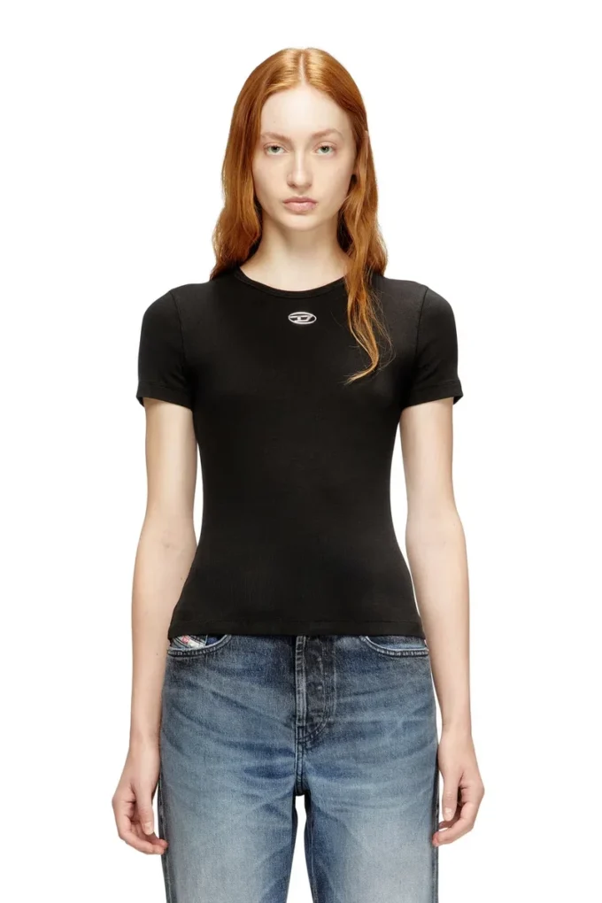 t-ele-long-od Slim ribbed T-shirt with metallic Oval D